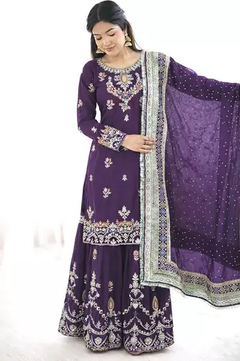 Deep purple embroidered gharara suit