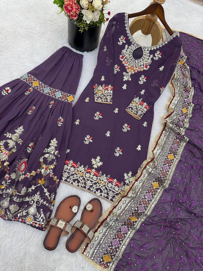 Deep purple embroidered gharara suit