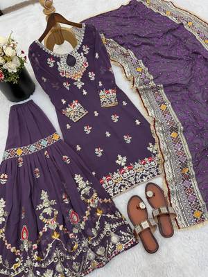 Deep purple embroidered gharara suit 4