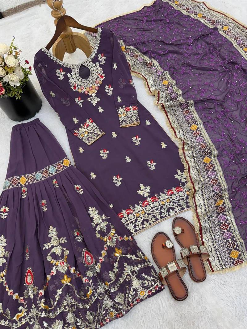 Deep purple embroidered gharara suit