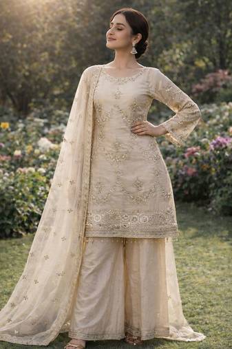 Ivory organza embroidered salwar kameez
