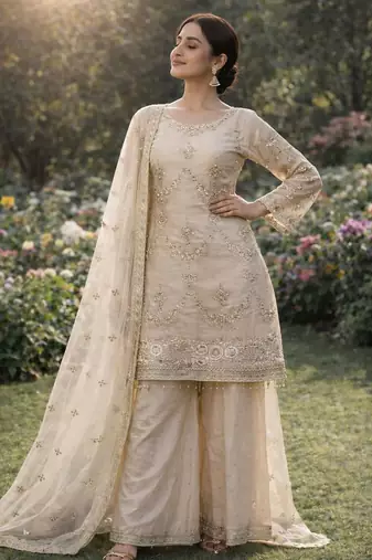 Ivory organza embroidered salwar kameez