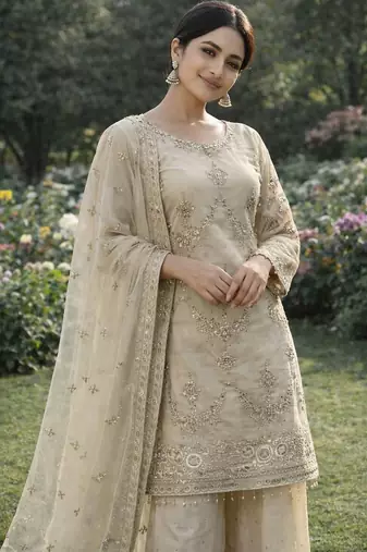 Ivory organza embroidered salwar kameez