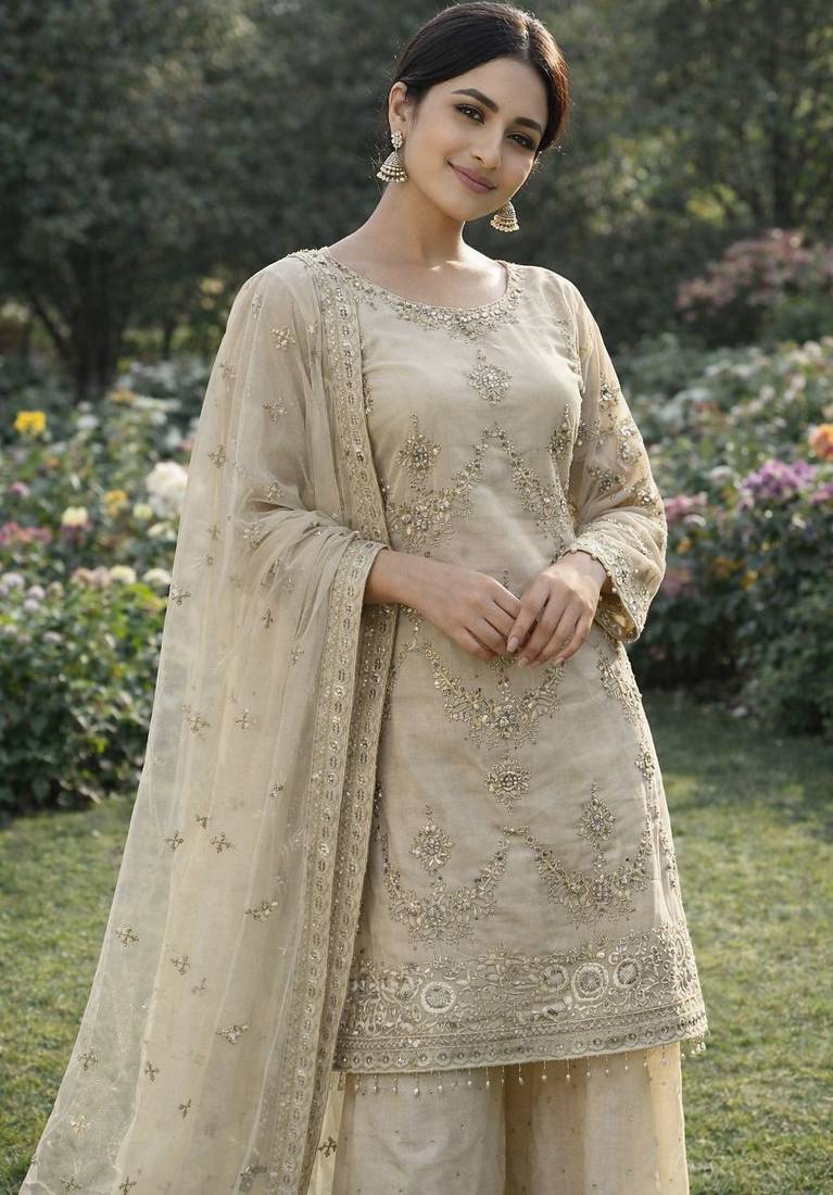 Ivory organza embroidered salwar kameez