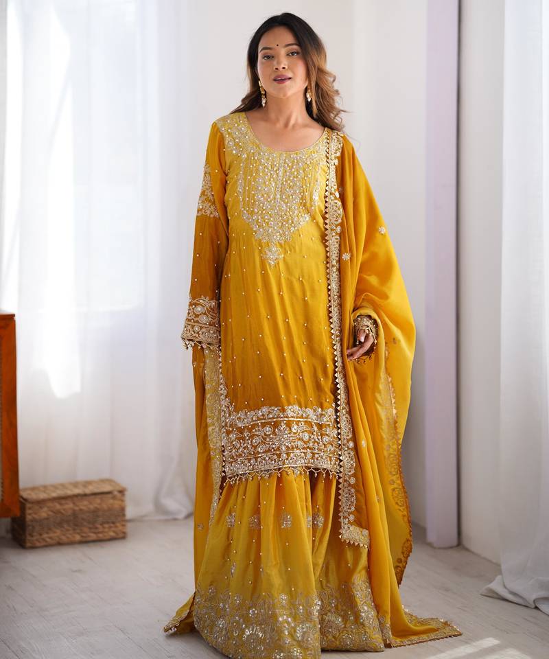 Mustard yellow zari work salwar kameez