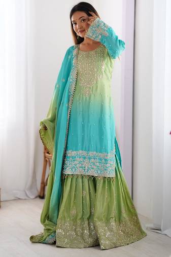 Sea green and lime ombre gharara suit