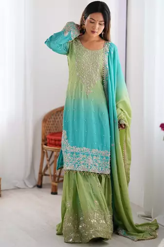 Sea green and lime ombre gharara suit