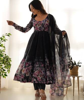 Black organza floral print anarkali set with floral print dupatta and pant 1