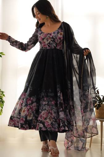 Black organza floral print anarkali set with floral print dupatta and pant
