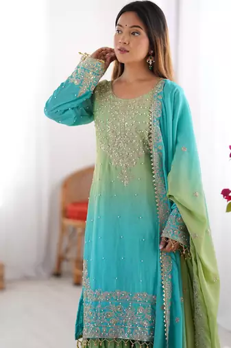 Sea green and lime ombre gharara suit
