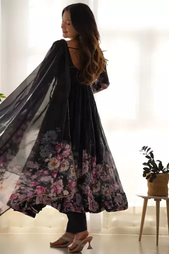 Black organza floral print anarkali set with floral print dupatta and pant