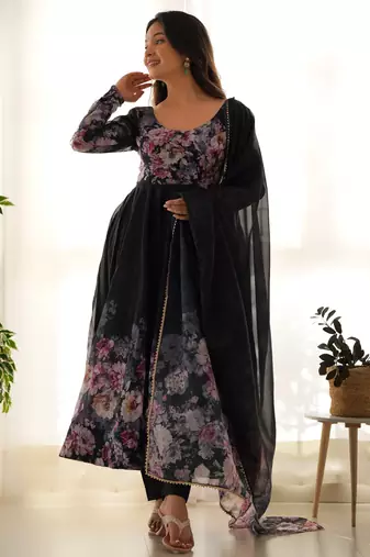 Black organza floral print anarkali set with floral print dupatta and pant