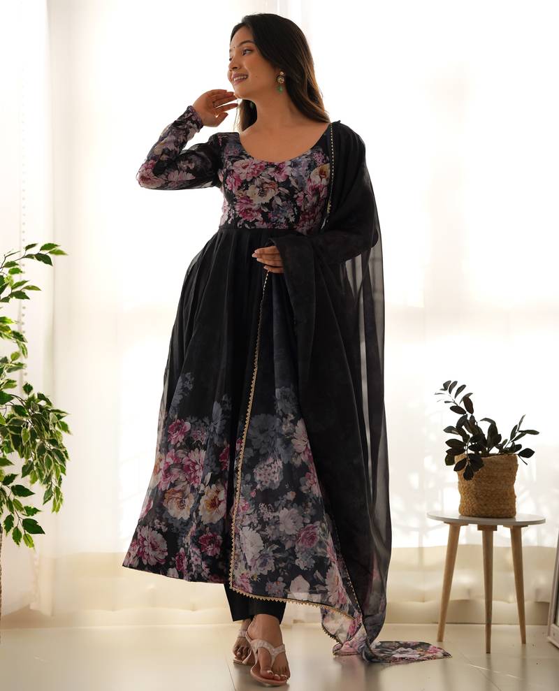 Black organza floral print anarkali set with floral print dupatta and pant