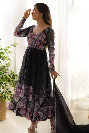Black organza floral print anarkali set with floral print dupatta and pant