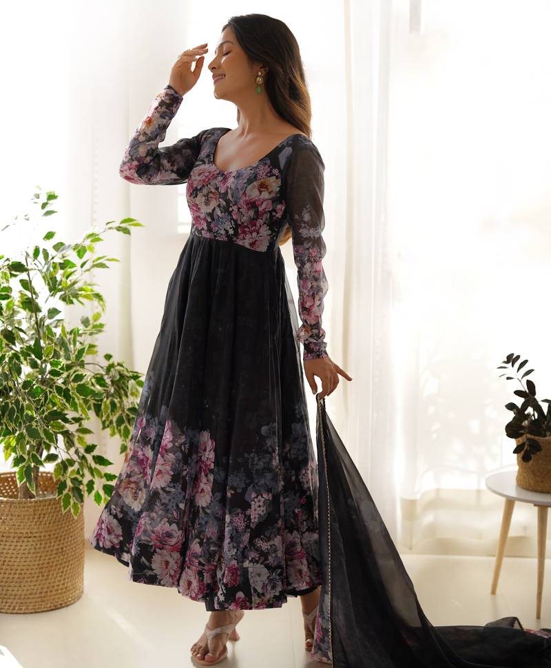 Black organza floral print anarkali set with floral print dupatta and pant