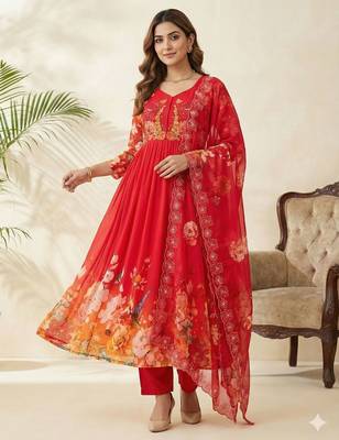 Red floral anarkali with embroidered yoke 1