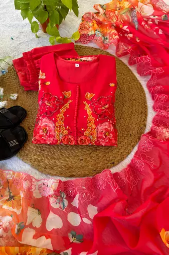 Red floral anarkali with embroidered yoke