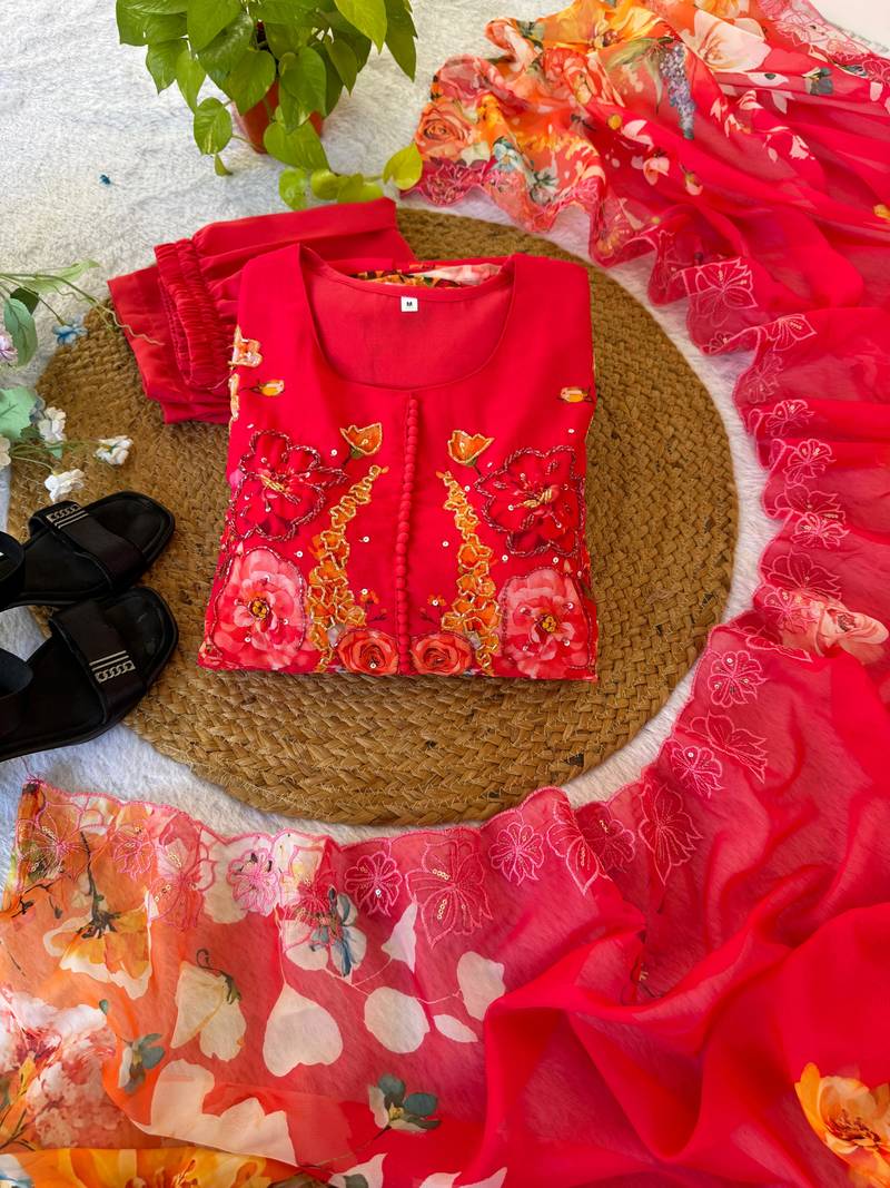 Red floral anarkali with embroidered yoke