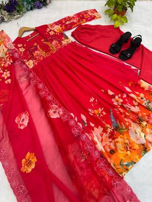 Red floral anarkali with embroidered yoke 3