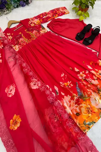 Red floral anarkali with embroidered yoke
