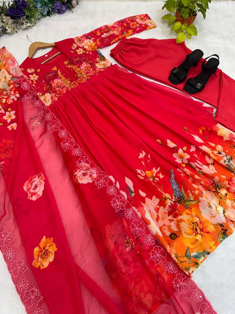 Red floral anarkali with embroidered yoke