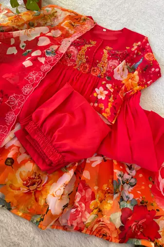 Red floral anarkali with embroidered yoke