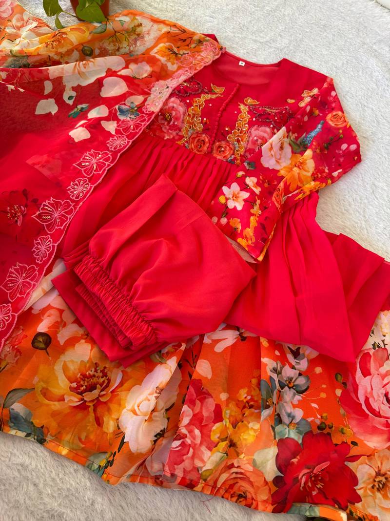 Red floral anarkali with embroidered yoke