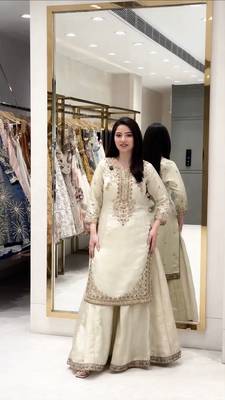 Ivory silk blend embroidered palazzo ensemble 1