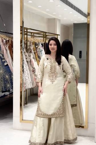 Ivory silk blend embroidered palazzo ensemble