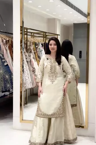 Ivory silk blend embroidered palazzo ensemble