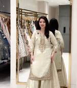 Ivory silk blend embroidered palazzo ensemble