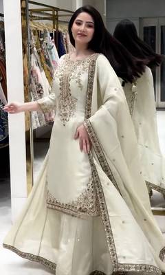 Ivory silk blend embroidered palazzo ensemble 2