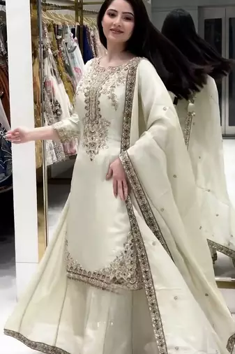 Ivory silk blend embroidered palazzo ensemble