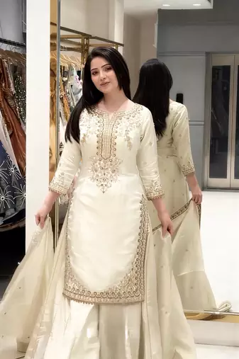 Ivory silk blend embroidered palazzo ensemble
