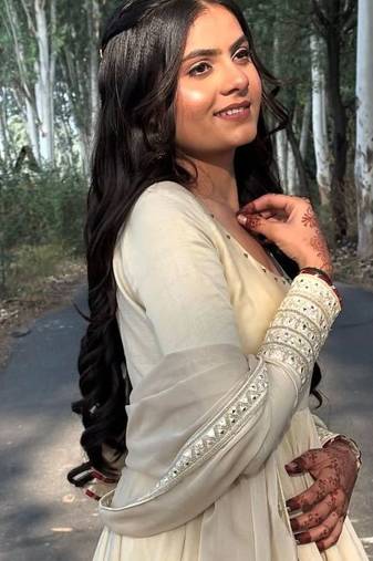 Cream cotton anarkali with mirror work