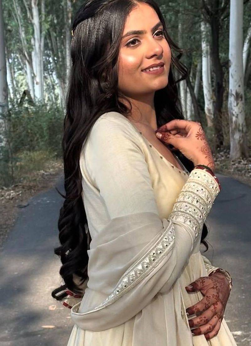 Cream cotton anarkali with mirror work