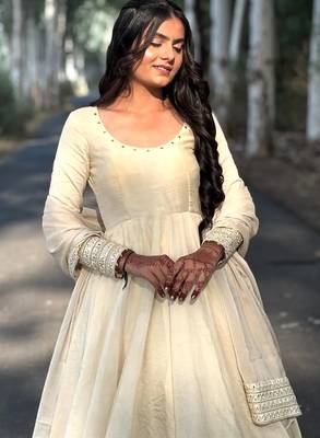 Cream cotton anarkali with mirror work 3