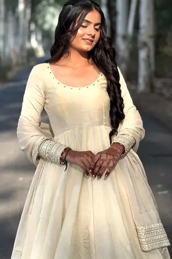 Cream cotton anarkali with mirror work