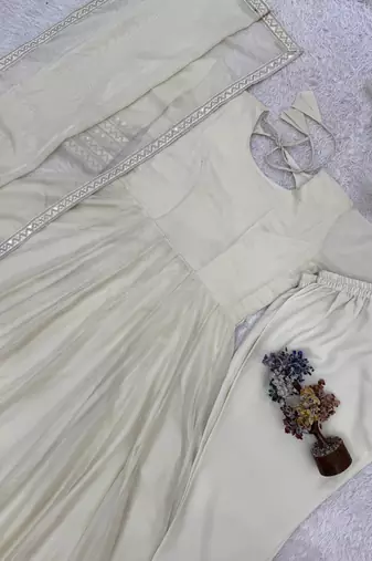 Cream cotton anarkali with mirror work
