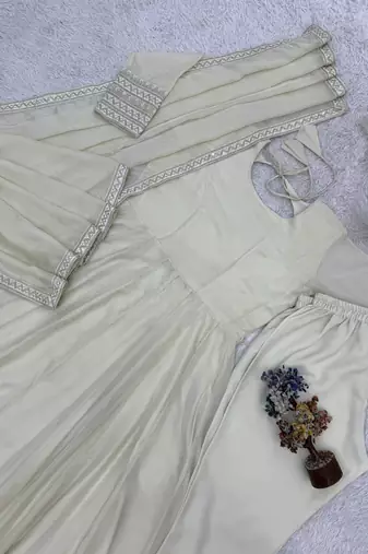 Cream cotton anarkali with mirror work