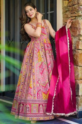 Pink multi-patterned festive lehenga