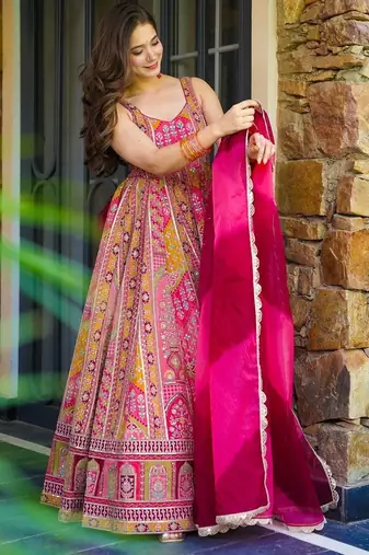 Pink multi-patterned festive lehenga