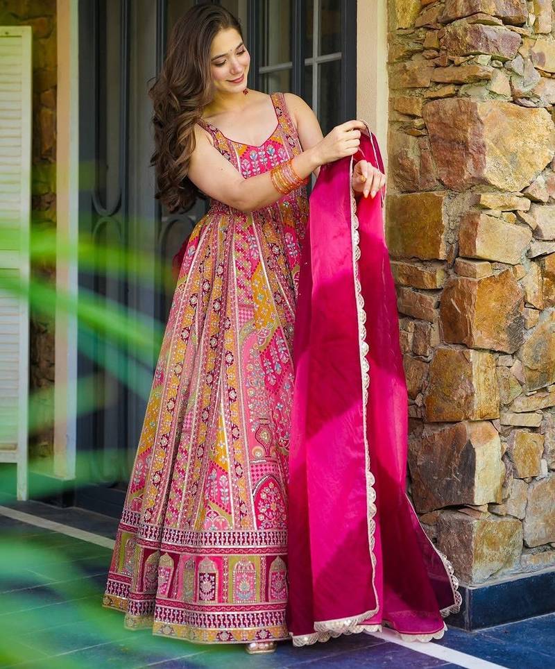 Pink multi-patterned festive lehenga