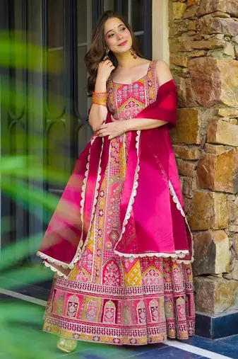 Pink multi-patterned festive lehenga