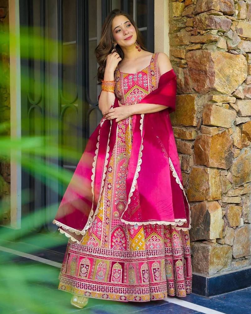 Pink multi-patterned festive lehenga