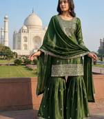 Olive green silk blend embroidered suit