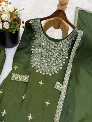 Olive green silk blend embroidered suit 2