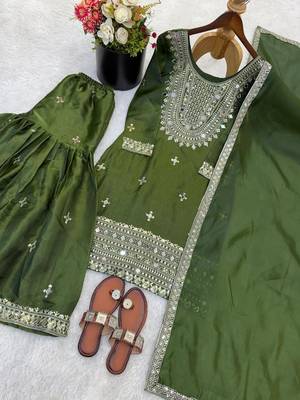 Olive green silk blend embroidered suit 3