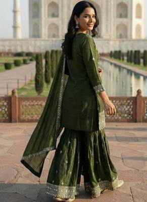 Olive green silk blend embroidered suit 4