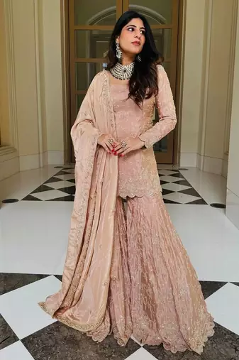 Pastel pink embroidered sharara suit